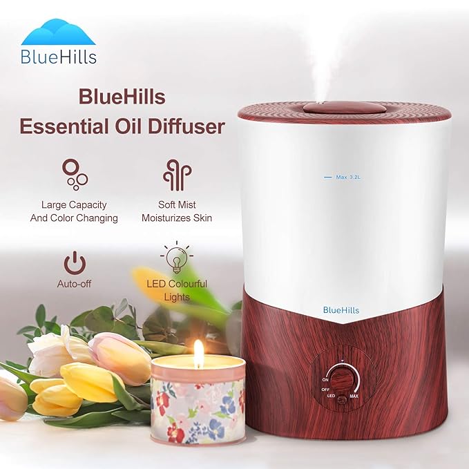 BlueHills Premium 2000 Ml and 3000 Ml Set of 2 Large Essential Oils Diffusers for Large Rooms Big Capacity Models Adjustable Cool Mist Great Gift – Value Pack of 2 Dark Wood Grain