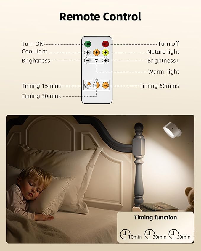 LED Wall Mounted Lights, Rechargeable Wall Sconces with Remote & Touch Control, 3 Color Temperatures 360° Rotation Dimmable Cordless Wall Light for Bedroom Study Reading Bedside (White, 3 Pack)