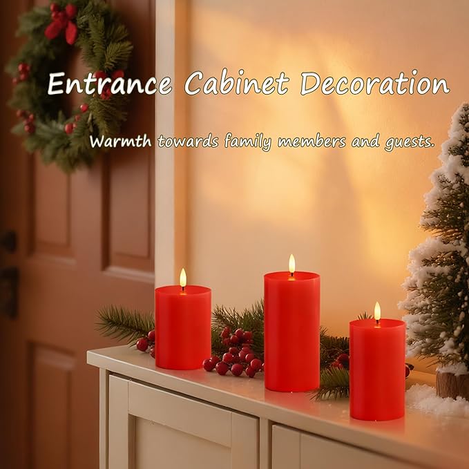 Flameless Pillar Candles with Remote, 3 Pack Battery Operated Real Wax LED Candles, Perfect for Home Decorations Fireplace Table, Red