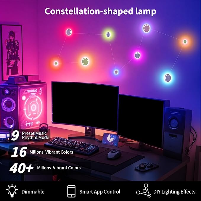 Smart LED Wall Lights, 9-Piece RGB LED Light with App & Remote Control, TV Backlights, Music Sync, Color-Changing, Ambient Lighting for Gaming, Bedroom, Living Room and Home Decor