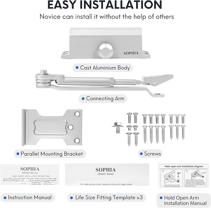 SOPHIA Automatic Door Closer with Hold Open, Door Closer for Home Size 3 DK500, 3H Fire-Rated Hydraulic Door Closers Commercial & Life Size Fitting Template, UL Listed, ANSI Grade 3, Silver