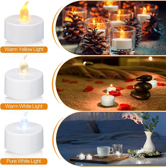 KOABY 12/24/50 Pack LED Tea Lights with 6H Timer, Auto On Daily, Flickering Warm Yellow Lights