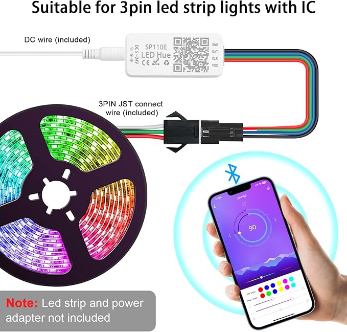 VIPMOON SP110E Bluetooth LED Controller, 2 Pack 5-24V Pixel LED Light Strips Controller, iOS/Android APP Remote Control for WS2812B WS2815 SK6812 APA102 RGB/RGBW Strip Lights
