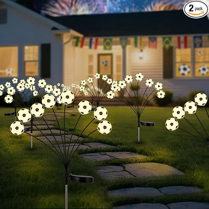 Solar Football Garden Lights – Swaying LED Solar Lights Outdoor for World Cup Decor, Outdoor Waterproof Patio & Yard Lights with Flexible Wire & Heavy Base, Warm White (2 Pack)