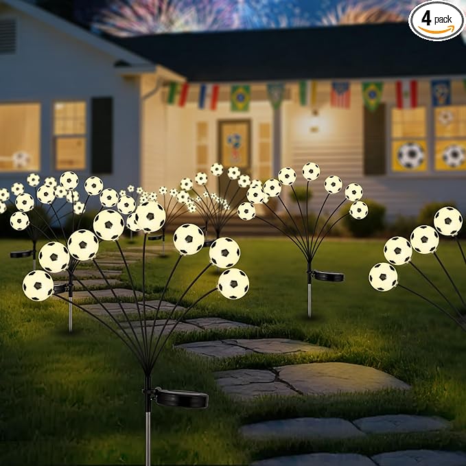 Solar Football Garden Lights – Swaying LED Solar Lights Outdoor for World Cup Decor, Outdoor Waterproof Patio & Yard Lights with Flexible Wire & Heavy Base, Warm White (4 Pack)