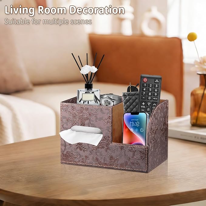 Leather Square Tissue Box Cover with Storage Tray,Cube Tissue Box Holder,Modern Facial Paper Organizer with Remote Control Holder for Bathroom,Vanity Countertop,End Table NightStand Home Office