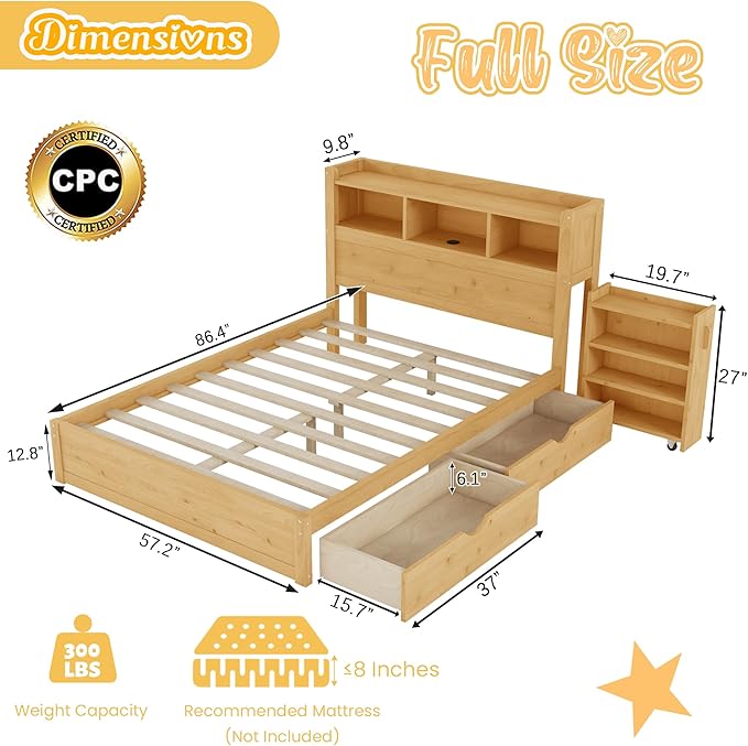 Kids Full Bed Frame with Drawers & Storage Headboard, Solid Wood Platform Bed with Pull-Out Cabinet, Built-in LED Light & Charging Station, No Box Spring Needed, Natural