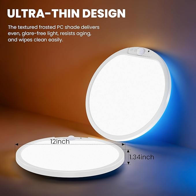 KINDEEP Bedroom Ceiling Light with Night Light: 12 Inch 10000mAh Rechargeable Ceiling Light with Remote, Dimmable 3 Colors & RGB, Wireless Motion Sensor Ceiling Lamp for Bedroom, Hallway, 1 Pack