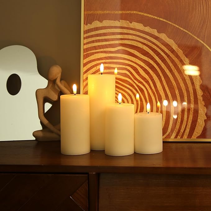 Flameless Candles, 4 Pack Battery Operated Candles with Remote, Real Wax LED Fake Candles with Timer Flickering for Christmas Wedding Home Party D3 H 5" 6" 7" 9" Ivory