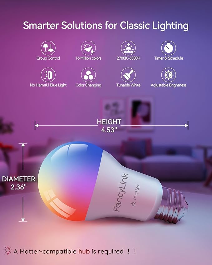 Matter Smart Light Bulbs, Color Changing Light Bulb, hub Required, A19 60W,2.4Ghz WiFi only,Compatible with Alexa Google Assistant, Apple Home,16 Million Colors RGBCW 800 Lumen,6 Pack