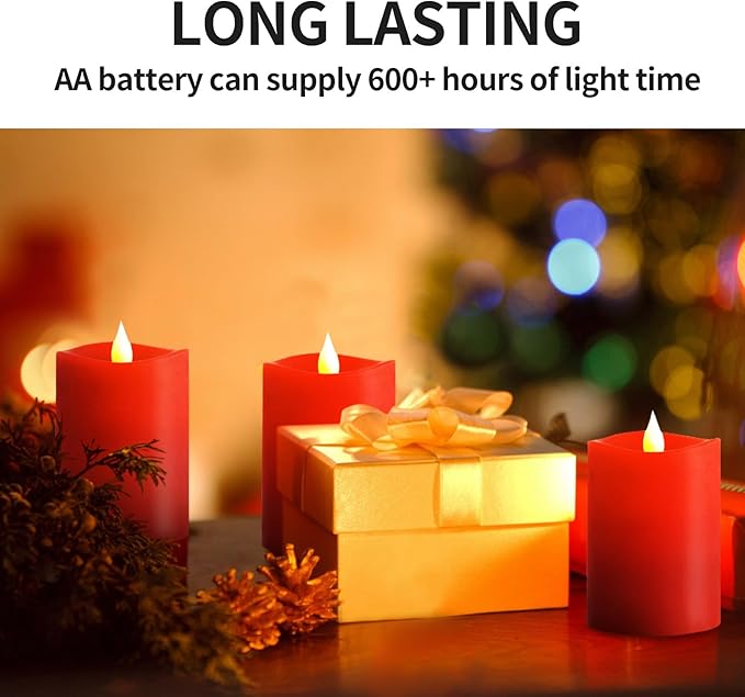 3x4 Flickering Flameless Candles Set of 3, 2AA Battery Life 600 Hours Battery Candles Flickering with Timer,4 inch Flameless Candles with Remote for Indoor/Outdoor, Red