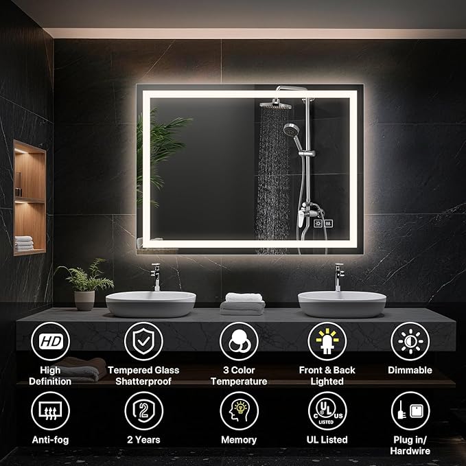 LED Bathroom Mirror 48x36 Inch, Anti-Fog Vanity Mirror with Lights, Stepless Dimmable & 3 Color Temperatures, Smart Memory Wall Mounted Mirrors for Over Sink, UL Listed