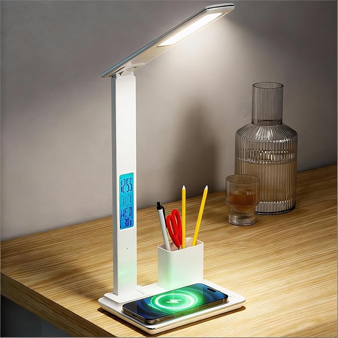 Multi-Function Desk Lamp with Display&15W Wireless Charger,3 Color Temperatures,Touch Control,Foldable Design,Built-in Clock,Calendar,Thermometer,Alarm,HYT1771 White.