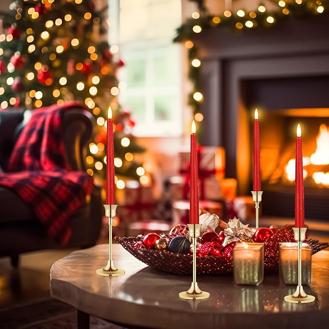 Red Flameless Taper Candles with Timer, 2 Pack Christmas Battery Operated Taper Candles, Flickering Realistic LED Candlesticks for Xmas Decor, Wedding, Party