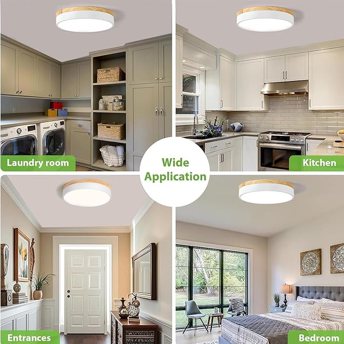 Modern Wood Flush Mount Ceiling Light, White LED 5CCT 2700K-6000K Dimmable Ceiling Light Fixtures, Round Close to Lighting Fixture for Kitchen Entryway Hallway Bedroom Laundry Room-11.8in