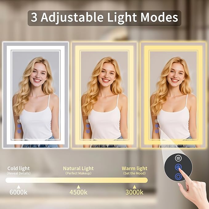 24X36 LED Bathroom Mirror with Lights, Anti-Fog, Backlit + Front Lit, Dimmable, Led Vanity Mirror for Wall, Lighted Bathroom Mirror, 3 Colors, Shatter-Proof Tempered Glass