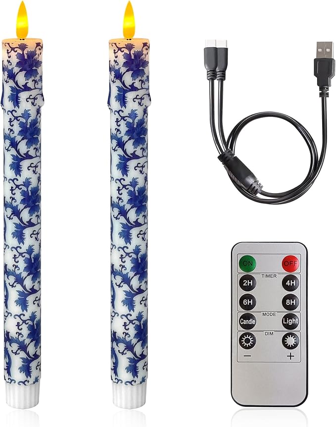 Chinoiserie LED Candles Remote Candlesticks-10inches Blue and White Battery Operated Candles Timer Floral LED Taper Candles Lights for Home Wedding Tea Party Windows Decor-RC2PC-BLUWHT