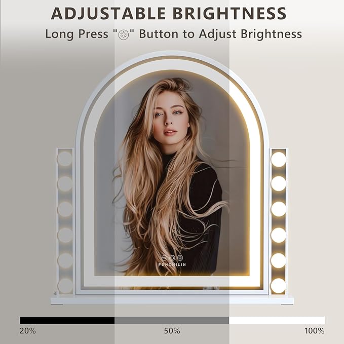 FENCHILIN Arch Vanity Mirror with Light 23.4"x22.4" Arched Makeup Mirror Lighted Hollywood Mirror with 12 Dimmable Bulbs and Light Strip with Smart Control 3 Color Modes White