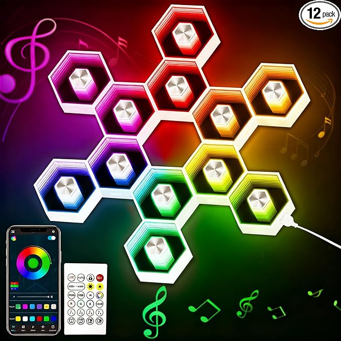 Hexagon LED Lights - 12 Pack Smart APP RGBW Gaming LED Light with Remote Control & Music Sync Honeycomb Shape Hexagon Wall Lights for Bedroom, Living Room Wall, Gaming Decor