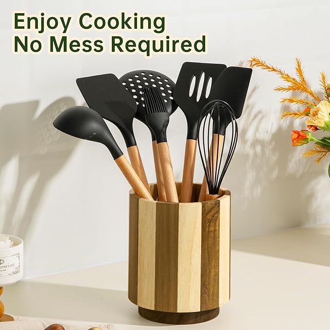 Wooden Utensil Holder, 360° Rotating Acacia Wood Kitchen Utensil Holder for Countertop, 7.2" Non-Slip Large Utensil Holder for Kitchen, Farmhouse Countertop Decor, Spatula Holders, Stripes