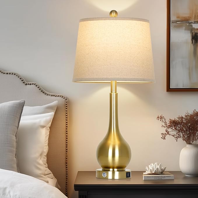 26" Gold Lamps Set of 2 for Living Room, Touch Control Table Lamps for Bedroom, 3-Way Dimmable Bedside Lamps for Nightstand with with USB A+C Ports (2 LED Bulbs Included)
