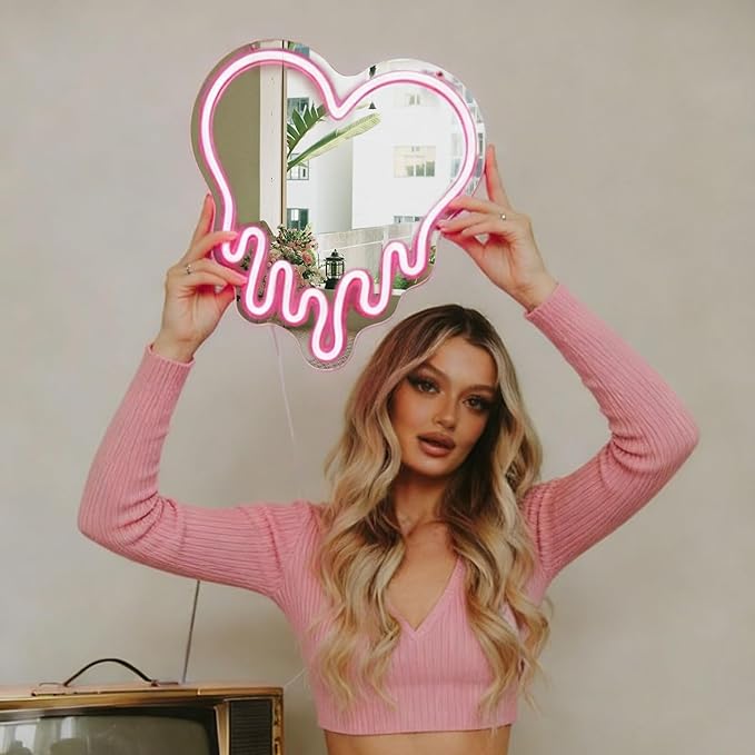 Y2K Pink Heart Neon Sign, Melting Heart Neon Mirror Light, Heart vanity mirror with lights, Love Shaped LED Wall Decor for Bedroom, Girls Room,Studio, Party, Wedding, Gift for Valentine's Day, Birthday, Anniversary
