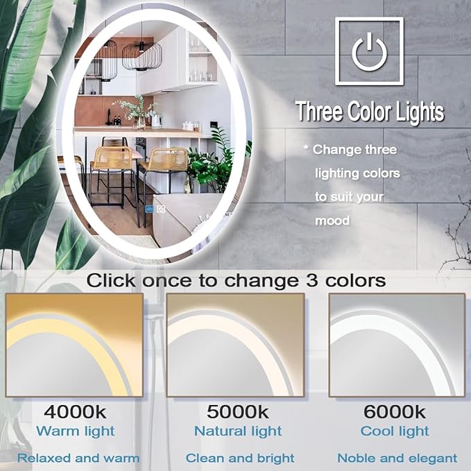 26 x 40 Inch Oval LED Vanity Mirror with Lights 3 Color Dimmable Memory Front Back Light 40 Oval Lighted Mirror for Bathroom Makeup Salon Wall Mount AntiFog 40in Ovals Smart Light up Mirrors