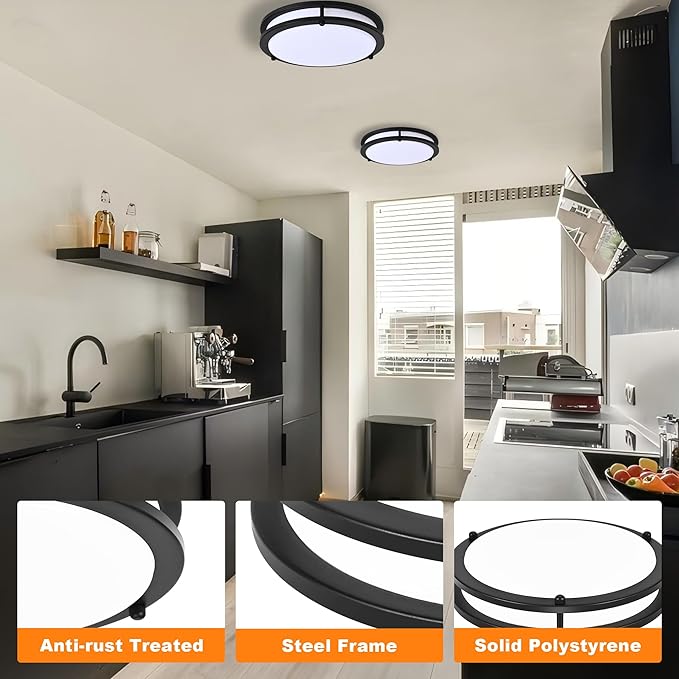 2 Pack 12 Inch Round Black Ceiling Light Fixture for Hallway Bedroom - 12” Black LED Flush Mount Ceiling Lamp Set of Two 2700K/3000K/3500K/4000K/5000K LED Kitchen Bathroom Light