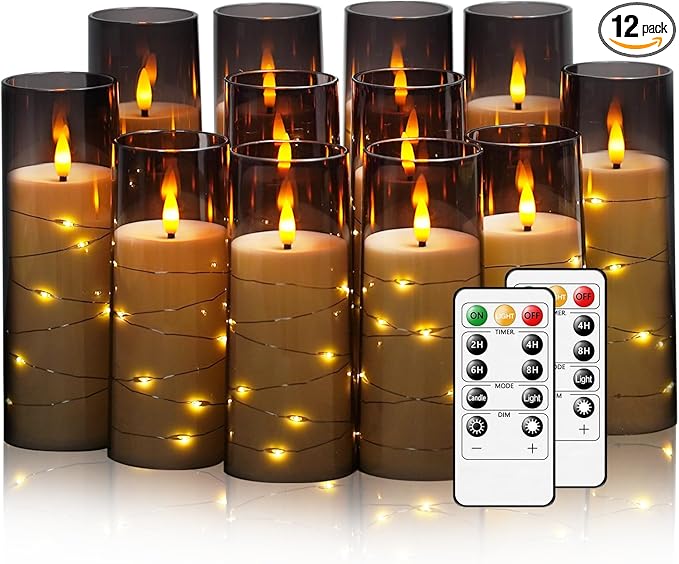 Flameless Candles with Embedded Star String, 12 Pcs Battery Operated LED Pillar Candles with Remote and Timer, Suitable for Home Decor, Party, Christmas & Wedding (Grey)