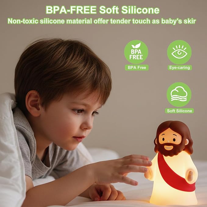 Little Jesus Night Light Mini Jesus Silicone Lamp Dimmable Nursery Nightlight for Kids Rechargeable Bedside Touch Lamp Perfect for Christmas, Easter and Baptism Gifts (Red)