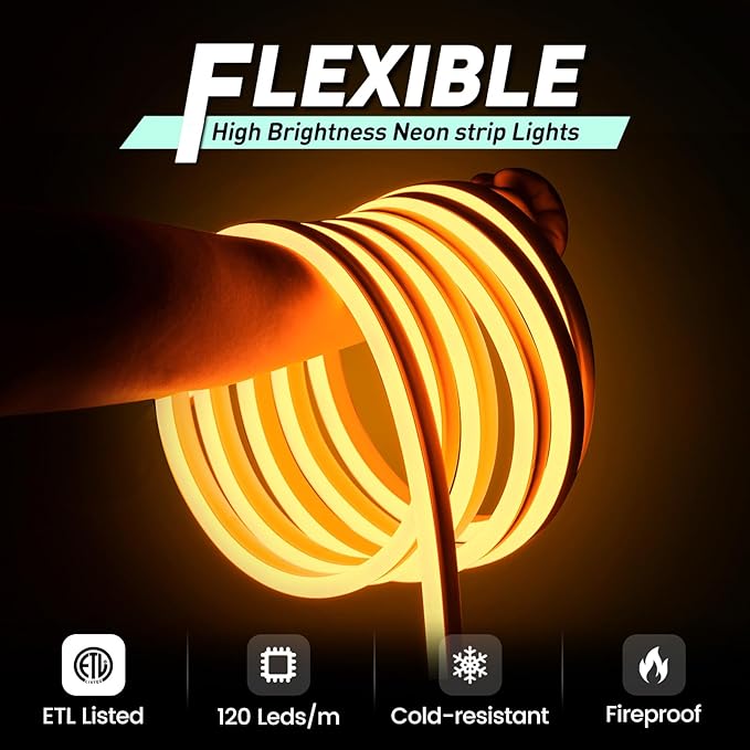 GZBtech Flexible LED Neon Rope Lights 16.4FT,AC 110-120V Waterproof Strip Light, 120LEDs/M Cuttable Connectable Neon Lighting for Indoor Outdoor Home Decor/Commercial Building Use-Amber 5M, ETL Listed