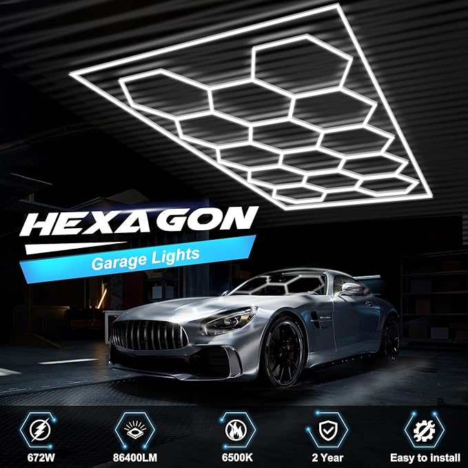 Hexagon Garage Lights 3 Level Dimmable with Rectangle Frame, High Brightness 672W 26000 to 86400LM 6500K, 14 Hex Grid for Garage, Shop, Basement, Car Detailing Shop etc. with Mounting Clip