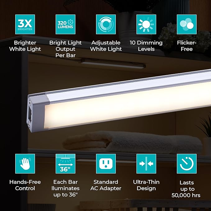 PureOptics LED Works with Alexa Smart Under Cabinet Lighting Kit, Adjustable LEDs, (6) 9" Bars, White