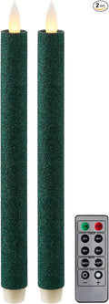 Flameless Taper Candles Flickering with Remote and Timer, 3D Moving Flame Taper Candle Battery Operated to 400 Hours, 9 Inch Window Candles, (Glitter Green)