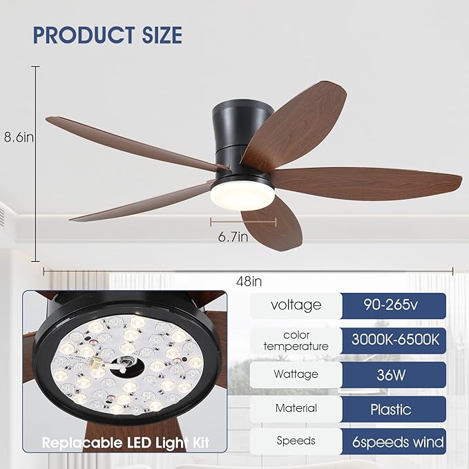 48" Ceiling Fans with Lights-Low Profile Ceiling Fan with Light and Remote/APP Control,Flush Mount,LED Dimmable Modern Ceiling Fans for Bedroom,Indoor/Outdoor Patio Use(Brown)