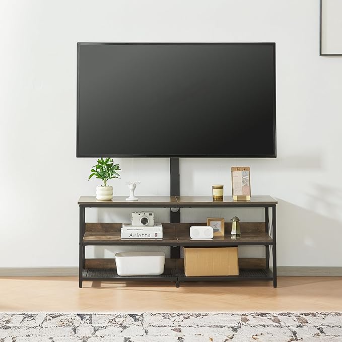 VEVOR 48" TV Stand with Mount for up to 75 in TVs, Entertainment Center with Power Outlet, Height Adjustable TV Console with Mount with 3 Tiers Open Storage Cabinets for Bedroom, Living Room, Browm