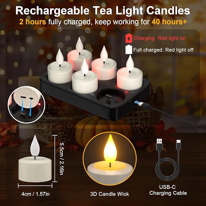 PChero 6 Pack Rechargeable Flameless Candles with Remote Timer & Charging Base, Battery Operated Tea Lights Candles -Realistic Flickering, LED Tealights for Home Wedding Halloween Fall Christmas Decor