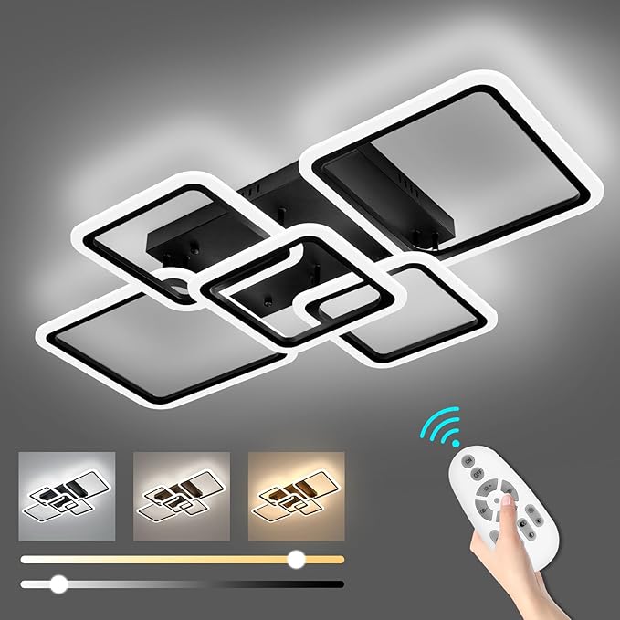 Modern LED Ceiling Light 5-Square Dimmable Black Flush Mount LED Ceiling Light with Remote for Living Room