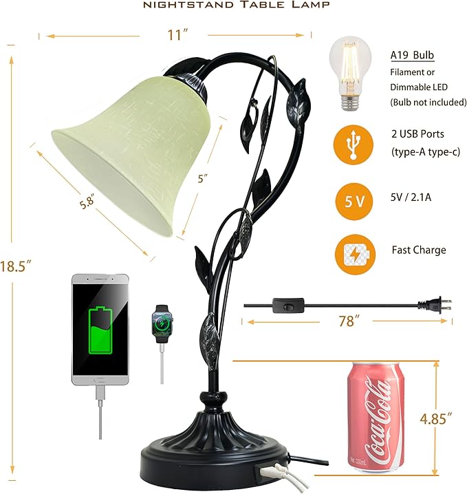 Touch Table Lamps, Flower Vintage Nightstand Lamp, Rustic Reading Bedside Light, Dimmable Farmhouse Stained Glass Lamp with USB for Bedroom Living Room, E26