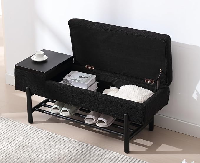 Modern Entryway Storage Bench, Upholstered Shoe Ottoman Bench, Sherpa Flip-Top End of Bed Bench with Wood Shelf/Coffee Table for Living Room/Bedroom/Hallway/Under Window,46.5 Inches,Black Fur