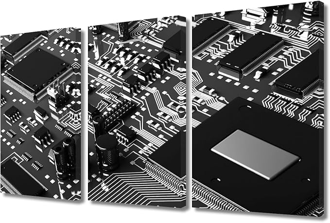 TUMOVO CPU Concept Poster Canvas Wall Art Computer Processors CPU Pictures Black and White Wall Art 3 Panel Motherboard Digital Chip Office Wall Posters and Prints Framed Ready to Hang(24" Wx36 H)