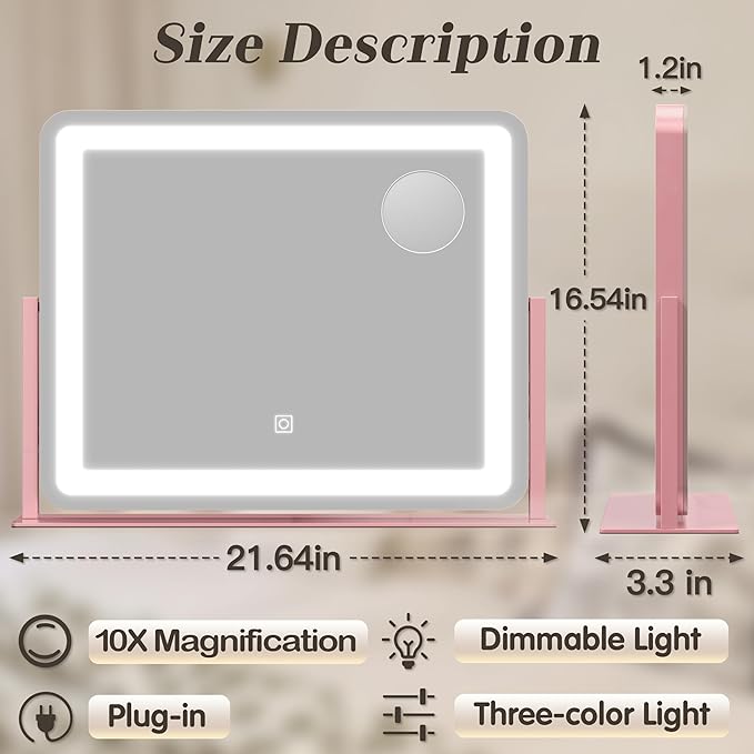 ROLOVE 22x16 Inch Pink Vanity Mirror with Lights，Dimmable LED Lights，3 Color Modes, Smart Touch Control，10X Magnification，Light up Makeup Mirror for Desk, Gift for Teen Girls