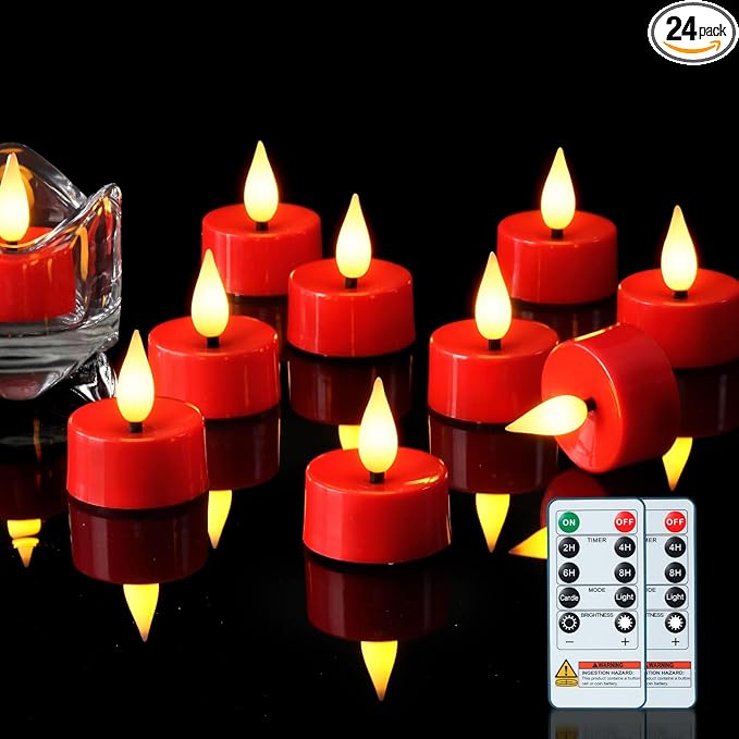 Amagic Flameless Red Timer Remote Tealights Candles, 3D Black Wick Flickering Tea Lights, 300+Hour Colored Votive Candles Battery Operated, Set of 12 for Table Decorations,Halloween, Christmas, Party