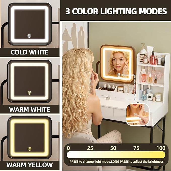 Compact Makeup Vanity for Girls with Mirror and Lights, Vanities Desk with 2 Drawers and Charging Station, LED Lighted Bedroom Dressing Table, Black