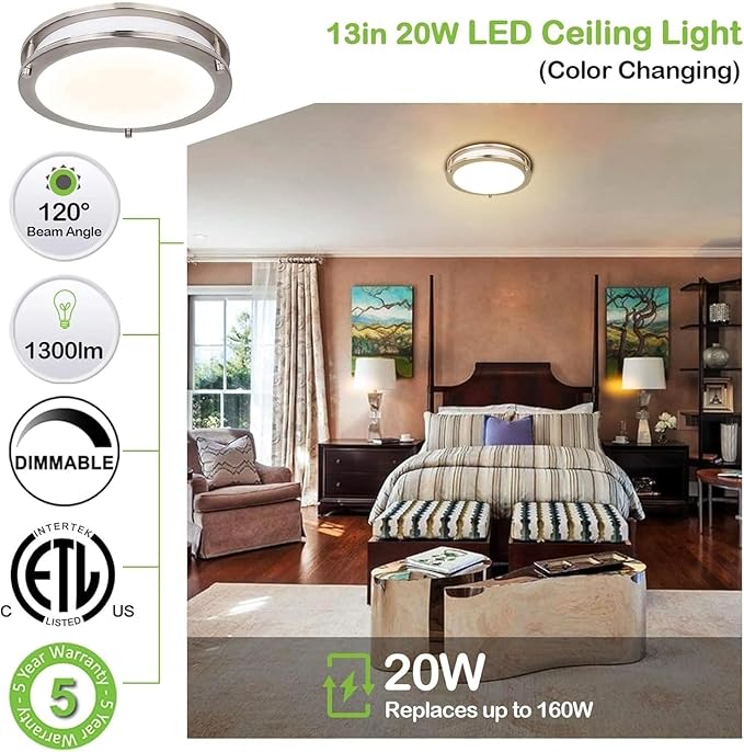 hykolity 13 inch Flush Mount LED Ceiling Light Fixture, 2700K/3000K/3500K/4000K/5000K Adjustable Ceiling Lights, Brushed Nickel Saturn Dimmable Lighting for Bathroom or Kitchen, ETL Listed - 2 Pack
