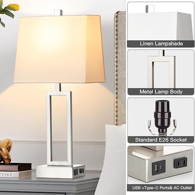 Touch Control Table Lamps for Living Room, 3-Way Dimmable Modern Table Lamp with USB A+C Charging Ports & AC Outlets, Bedside Contemporary Nightstand Desk Lamps with Fabric White Shade for Bedrooms