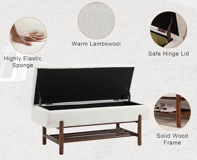 Modern Entryway Storage Bench, Upholstered Shoe Ottoman Bench, Flip-Top End of Bed Bench with Wood Shelf for Living Room/Bedroom/Hallway/Under Window,45Inches, Cream Faux Fur