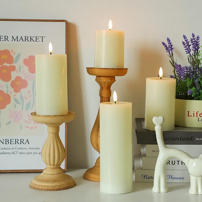 Lezonic Ivory LED Flameless Candles with Remote Timer, 4 Pack Battery Operated Candles Flickering, Grease Design Real Wax Pillar for Wedding Decor, Centerpiece, Birthday Gifts (4/5/6/8 Inch)