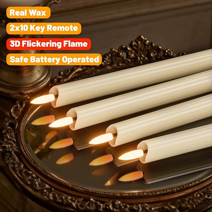 Wondise Flameless Taper Candles with Remote Timer, Real Waxy Battery Operated Flickering Candlesticks, 3D Wick LED Candles 9.6inch for Halloween Christmas Holiday Wedding Decoration (Ivory
