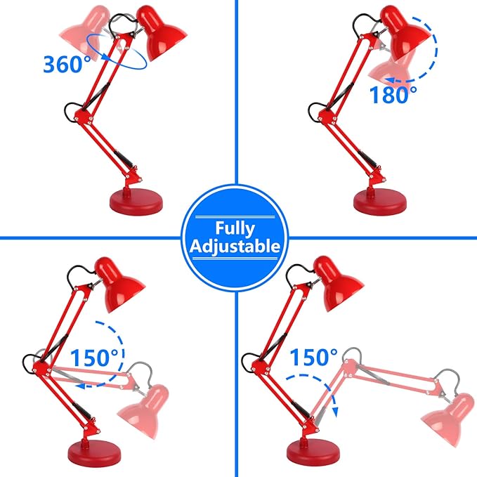 AmeriTop Metal Desk Lamp, Adjustable Swing Arm Table Lamp with Interchangeable Base Or Clamp; Eye-Caring Desk/Clip Reading Lamps for Bedroom, Study, Office (Red)
